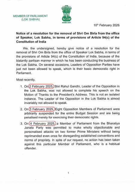 Opposition Resubmits No-Confidence Motion Against Om Birla After ...